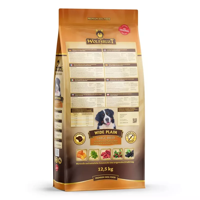 Sausā suņu barība Wolfsblut Wide Plain Large Breed — zirgs un saldie kartupeļi, 12.5 kg, 24% proteīns, 10% tauki
