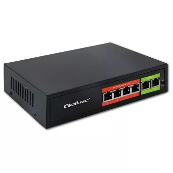 Ethernet PoE slēdzis QOLTEC 52289 — 4x RJ45 PoE porti, 2x RJ45 augšupsaite, 65W jaudas budžets