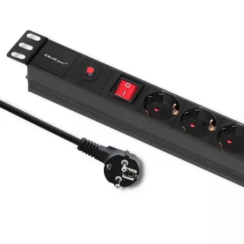 Qoltec 53993 19 collu 1U rack PDU ar pārsprieguma aizsardzību, 6x Schuko, 16 A, 2 m, melns