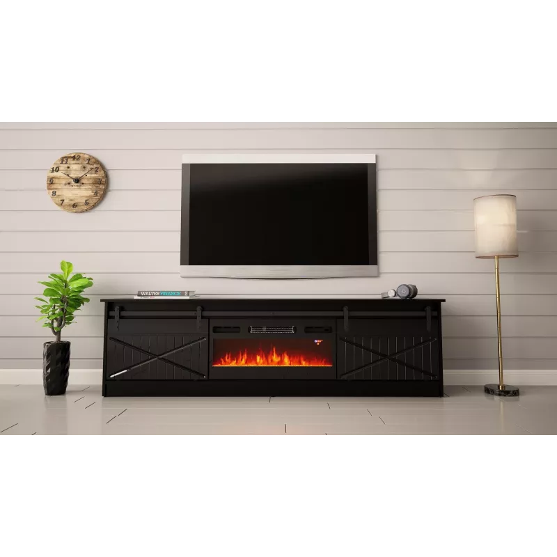 TV statīvs ar kamīnu Cama Meble GRANERO — 200 x 56.7 x 35 cm, melns/melns spīdums, 2 durvis, 2 plaukti, bīdāmās durvis, MDF/skaidu plātne