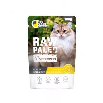 Slapjā barība kaķiem VETEXPERT Raw Paleo Adult/Sterilised Chicken 100 g – pilnvērtīga slapjā diēta pieaugušiem un sterilizētiem kaķiem