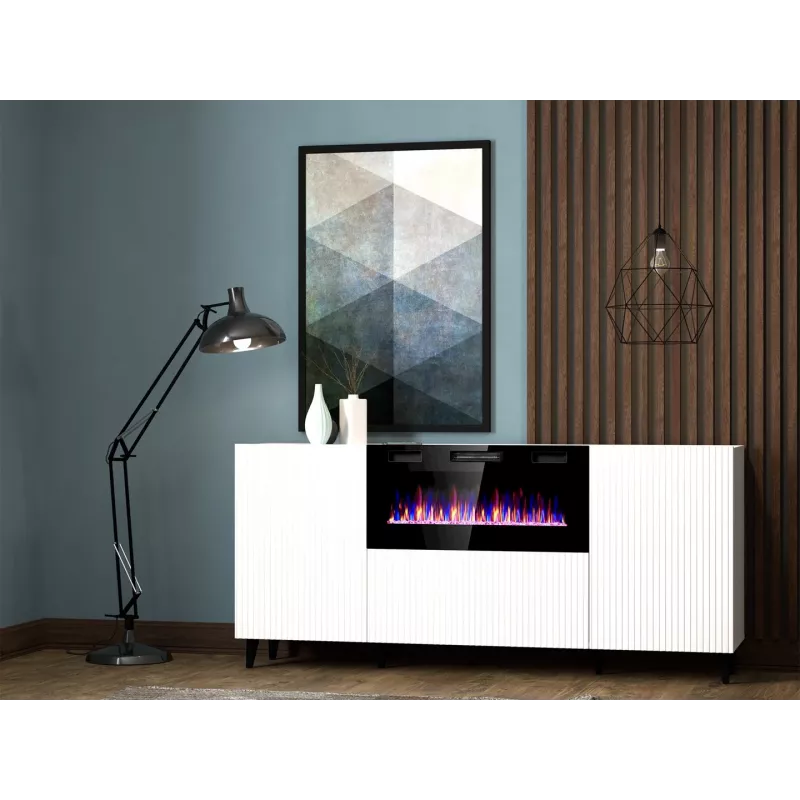 Kumode ar elektrisko kamīnu Cama Meble PAFOS, 180x42x82 cm, balts matēts, 1400–1600 W, bez rokturiem, 3 durvis, 2 plaukti