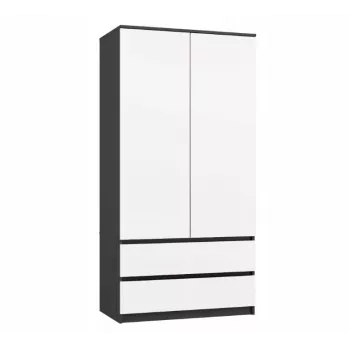 Drēbju skapis MALWA SS-90, 90×180×50 cm, antracīts rāmis, baltas veramas durvis, 2 atvilktnes, laminēta skaidu plate 16 mm