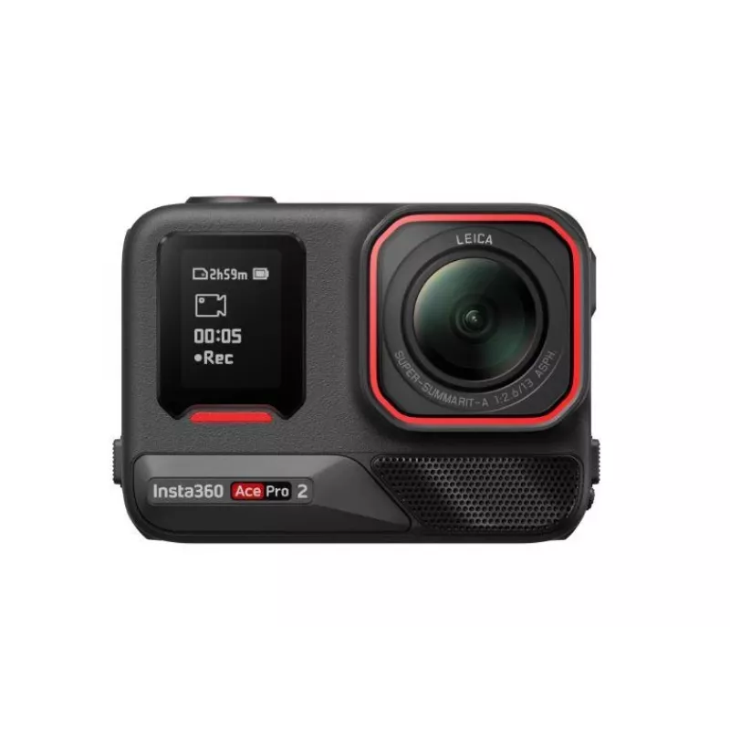 Action kamera Insta360 Ace Pro 2 — 50 MP, 8K Ultra HD (7680×3272), 1/1.3 collu sensors, līdz 240 kadriem/s, iebūvēts ekrāns, Wi‑Fi, MicroSD, 177,7 g, Melna