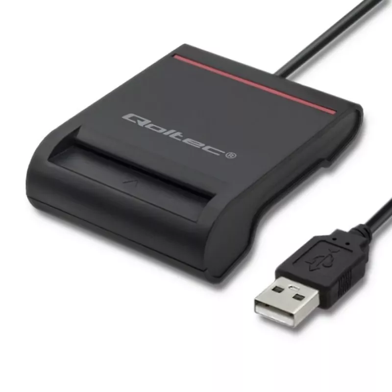 ID kartes skeneris QOLTEC Smart chip ID card scanner — USB, melns, 84.5×65×16 mm, 63 g