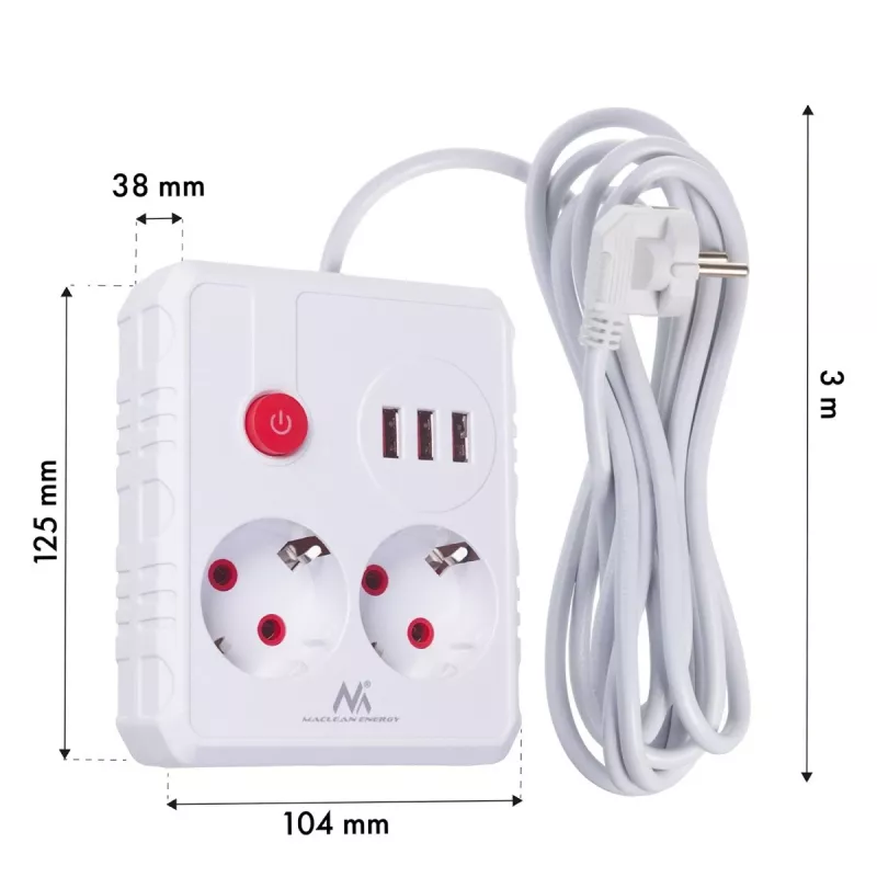 Strāvas sloksne MACLEAN MCE388 W — 2 kontaktligzdas, 3×USB, 110–240V, 2500W, 3 m vads, balta