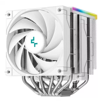 Gaisa dzesētājs DeepCool AK620 Digital SE White — divi 120 mm ventilatori, 6 siltuma caurules, PWM, LGA 1700 atbalsts, iebūvēts displejs
