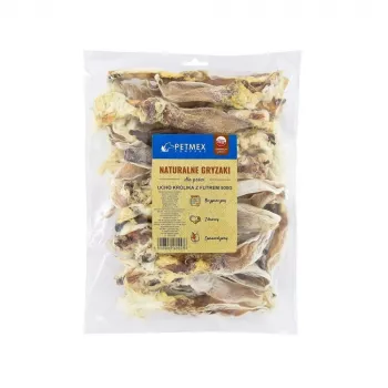 Suņa košļājamais kārums PETMEX Truša auss ar kažoku 500 g — dabīgs, trusīša garšas zobu tīrīšanas našķis pieaugušiem suņiem