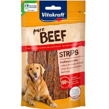 Suņu gardums Vitakraft Pure Beef Strips 80 g — vienas sastāvdaļas liellopa gaļa, bez graudiem, bez lipekļa