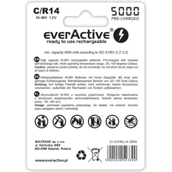 EverActive EVHRL14-5000 uzlādējama NiMH cilindriska baterija, 1,2 V, 2 gab., 51,5 mm augstums