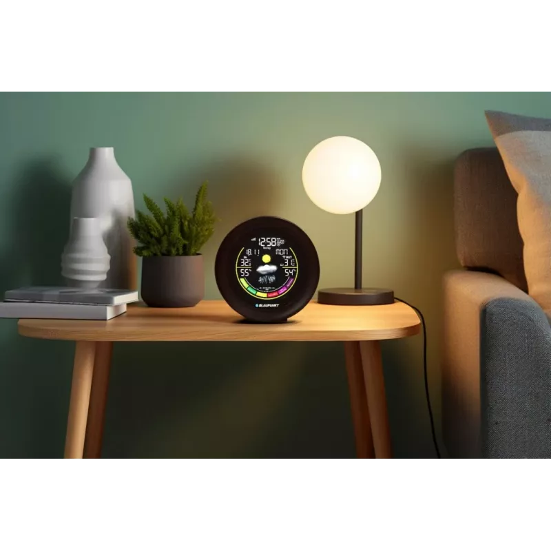 Laika stacija BLAUPUNKT WS35BK APP — LCD displejs, temperatūra un mitrums, modinātājs, kalendārs, lietotnes savienojums, 94×94×27 mm