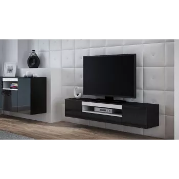 TV statīvs cama meble VIVA 180 — 1800×400×370 mm, melna skaidu plātne, melns rāmis, balti akcenti