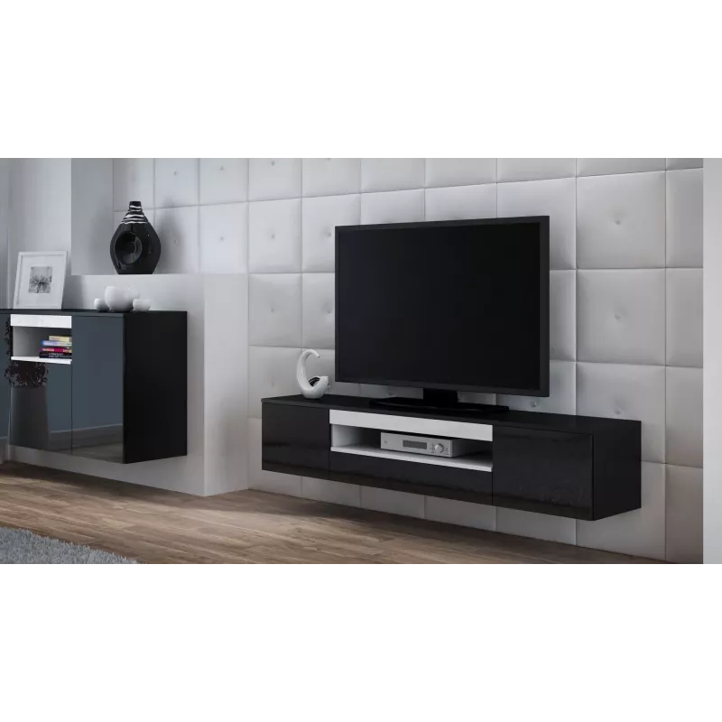 TV statīvs cama meble VIVA 180 — 1800×400×370 mm, melna skaidu plātne, melns rāmis, balti akcenti
