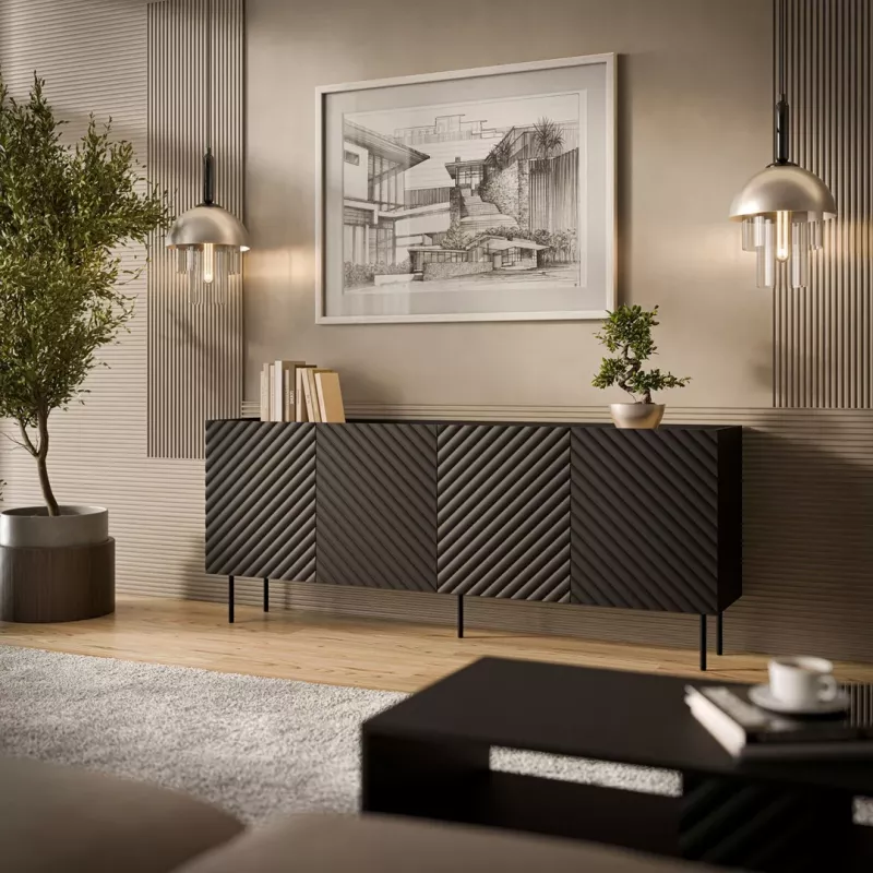 Kumode cama meble LUCCA 4D, 200×40×80 cm, melna, skaidu plātnes rāmis