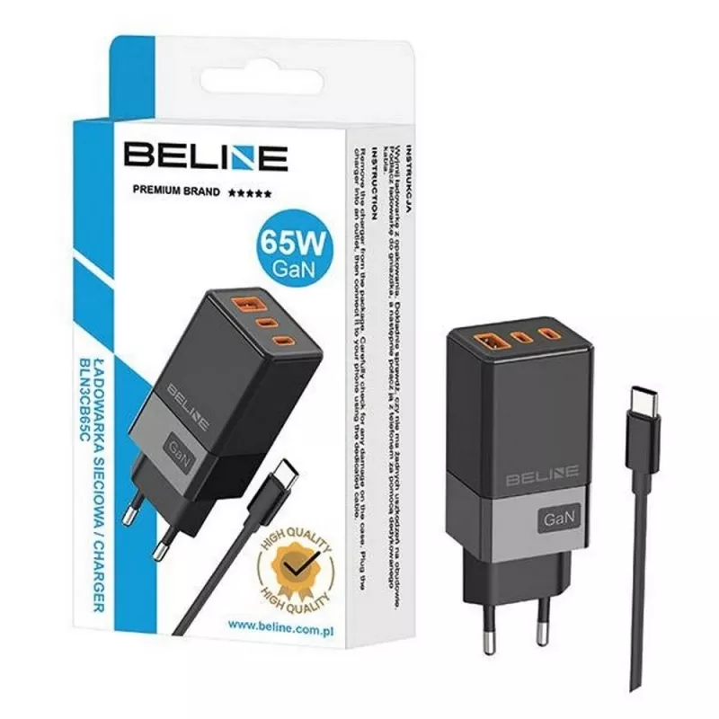 Beline sienas lādētājs 2x USB-C 1x USB-A 65W kabelis USB-C melns/melns PD 3.0