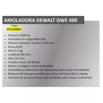 Leņķa slīpmašīna DeWALT DWR490 — 2200 W, 230 mm disks, 6600 RPM, 5.2 kg