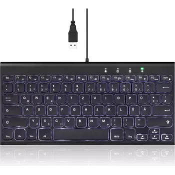 Perixx 57150N Melns - kompakta tastatūra ar vācu izkārtojumu un LED fona apgaismojumu