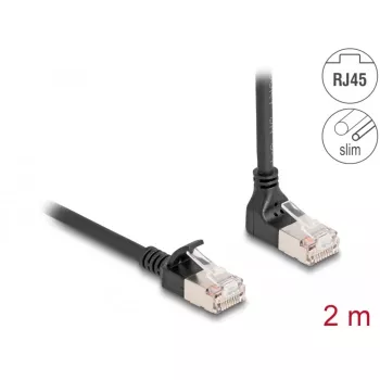 Delock tīkla kabelis - RJ-45 (vīriešu) augšup leņķveida uz RJ-45 (vīriešu) taisns - 2,0 m - 4,5 mm - S/FTP - CAT 6a - ekranēts, bez halogēna - melns (80288)