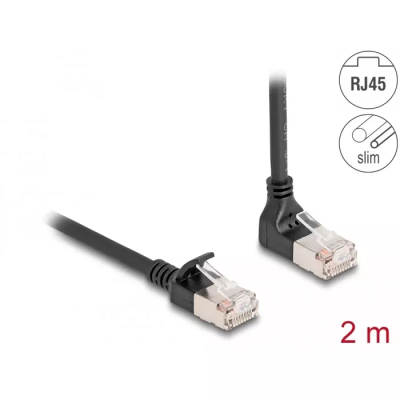 Delock tīkla kabelis - RJ-45 (vīriešu) augšup leņķveida uz RJ-45 (vīriešu) taisns - 2,0 m - 4,5 mm - S/FTP - CAT 6a - ekranēts, bez halogēna - melns (80288)