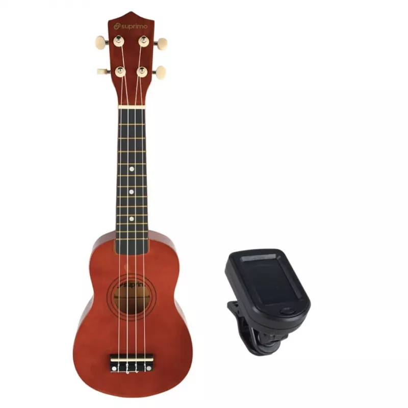 Soprāna ukulele SUPRIMO UK21 21 collas – liepas korpuss, 12 frets, 4 neilona stīgas, tumša koka apdare