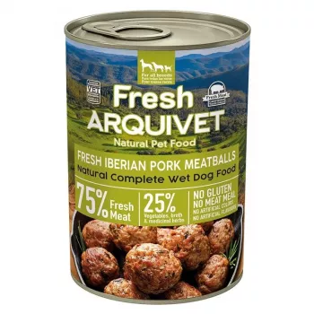 Slapjā suņu barība ARQUIVET Fresh Iberian Pork Meatballs 400 g – pilnvērtīga konservēta diēta, bezgraudu, pieaugušiem suņiem