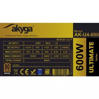 Akyga Ultimate AK-U4-600 ATX barošanas bloks 600 W, 80 PLUS Bronze, aktīvais PFC, 120 mm ventilators