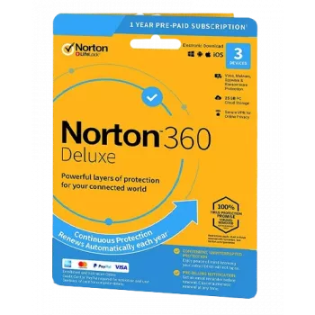 Norton 360 Deluxe | 3 ierīces | 1 gads | 25 GB mākoņkrātuve | ES