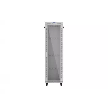 19 collu 42U LANBERG stāvošais skapis 600×600 mm Pelēks ar stikla durvīm un LCD (Flat Pack)