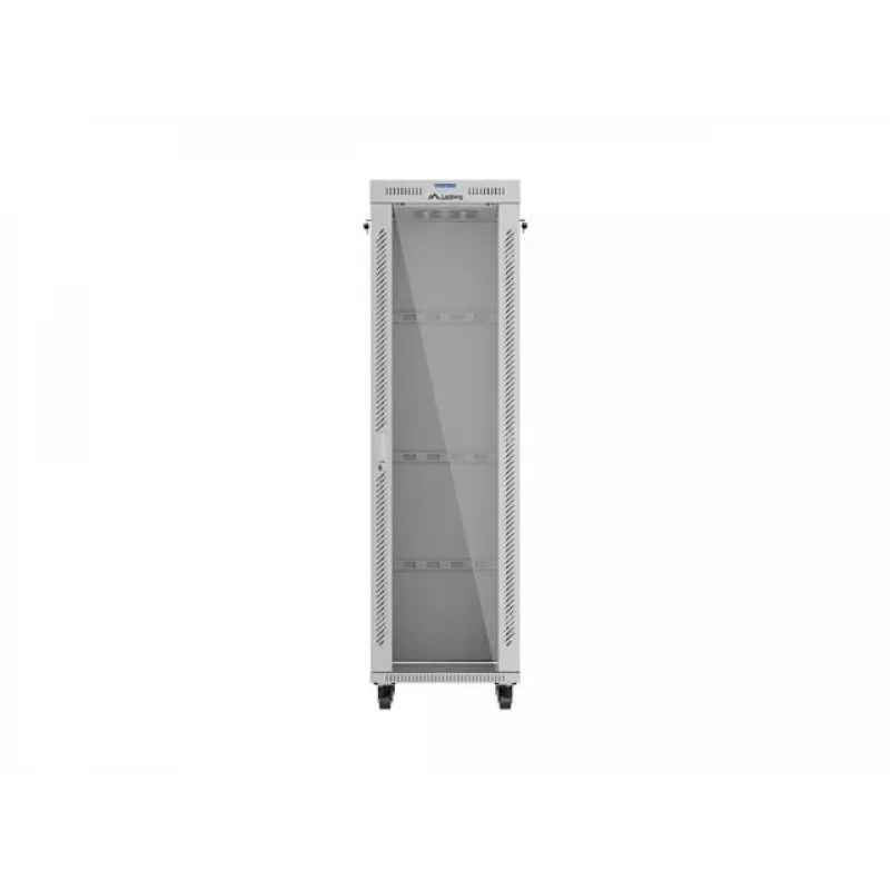 19 collu 42U LANBERG stāvošais skapis 600×600 mm Pelēks ar stikla durvīm un LCD (Flat Pack)