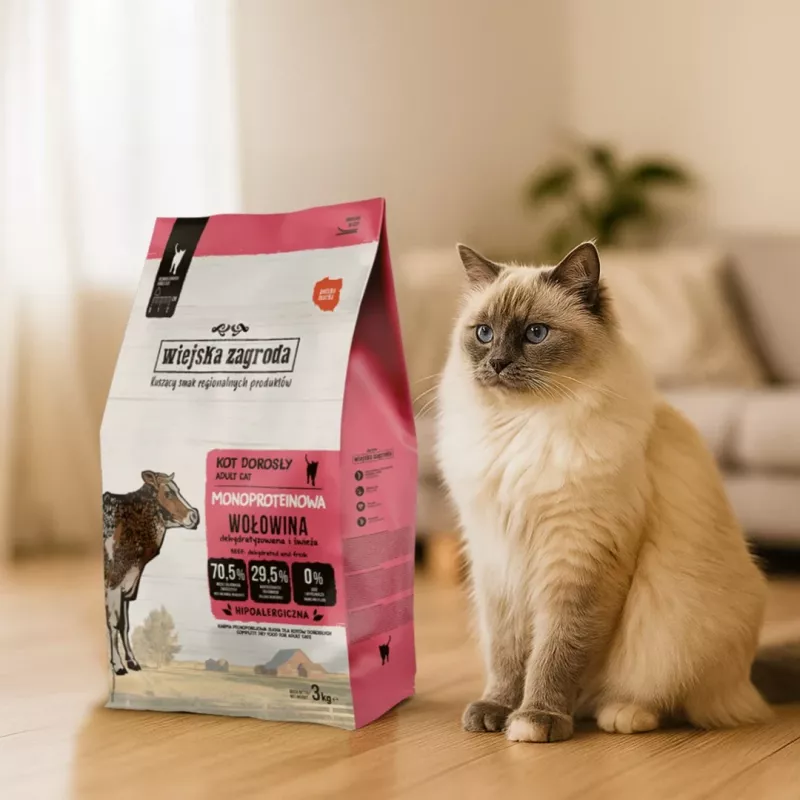 WIEJSKA ZAGRODA Monoprotein Beef sausā barība kaķiem - 3kg