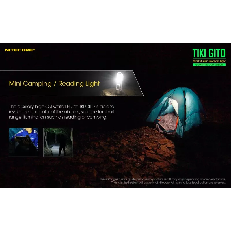 Atslēgu piekariņa lukturītis Nitecore TIKI GITD Grey — USB uzlādējams, 1 lm, 55 mm, 12 g, IP66