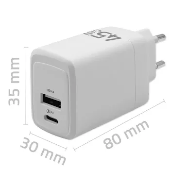 Qoltec GaN 45W lādētājs 5V 20V 1.5A 3A, 1xUSB-C PD, 1xUSB-A