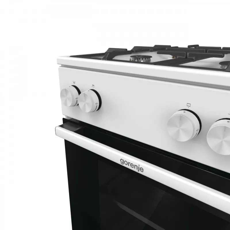 Brīvi stāvoša gāzes plīts ar cepeškrāsni Gorenje GG5A10WFFM — 4 degļu virsma, 70 L cepeškrāsns, emaljēta virsma, balta