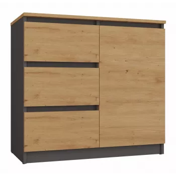 Kumode Topeshop 1D3S ANT/ART BA KPL — Antracīts un Ozols, 3 atvilktnes, skaidu plātnes rāmis