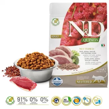 FARMINA N&D Quinoa Cat Duck, Broccoli, Asparagus Neutered Adult - sausā barība kaķiem - 300 g