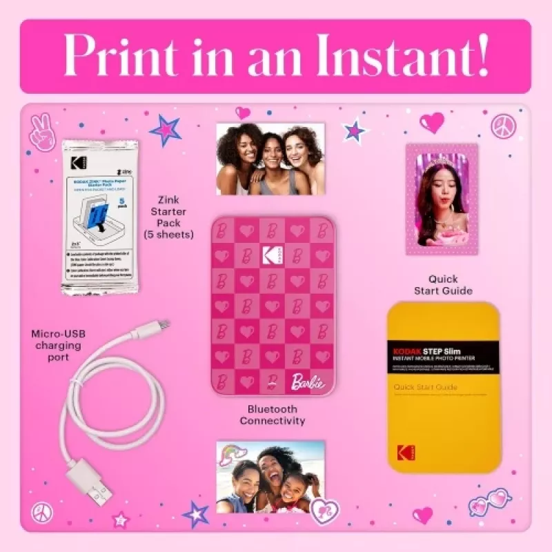 Barbie x Kodak STEP Slim mobilais fotoprinteris ZINK 2x3 inch 1ppm, Bluetooth, Rozā