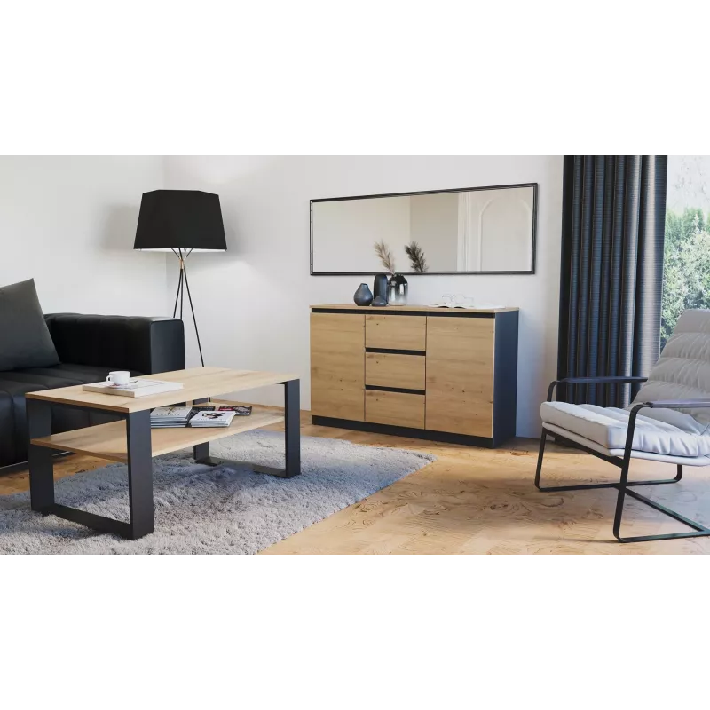 Kumode Topeshop 2D3S ANT/ART BA KPL — antracīts un ozols, 3 atvilktnes, skaidu plātnes rāmis