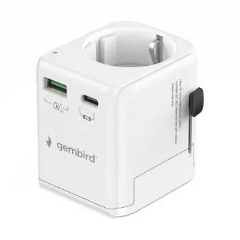 Ceļojuma barošanas adapteris GEMBIRD TPA-EU1A1C20-01-W 20W, USB-A 18W + USB-C 20W, Schuko kontaktligzda, ieeja 100–250V
