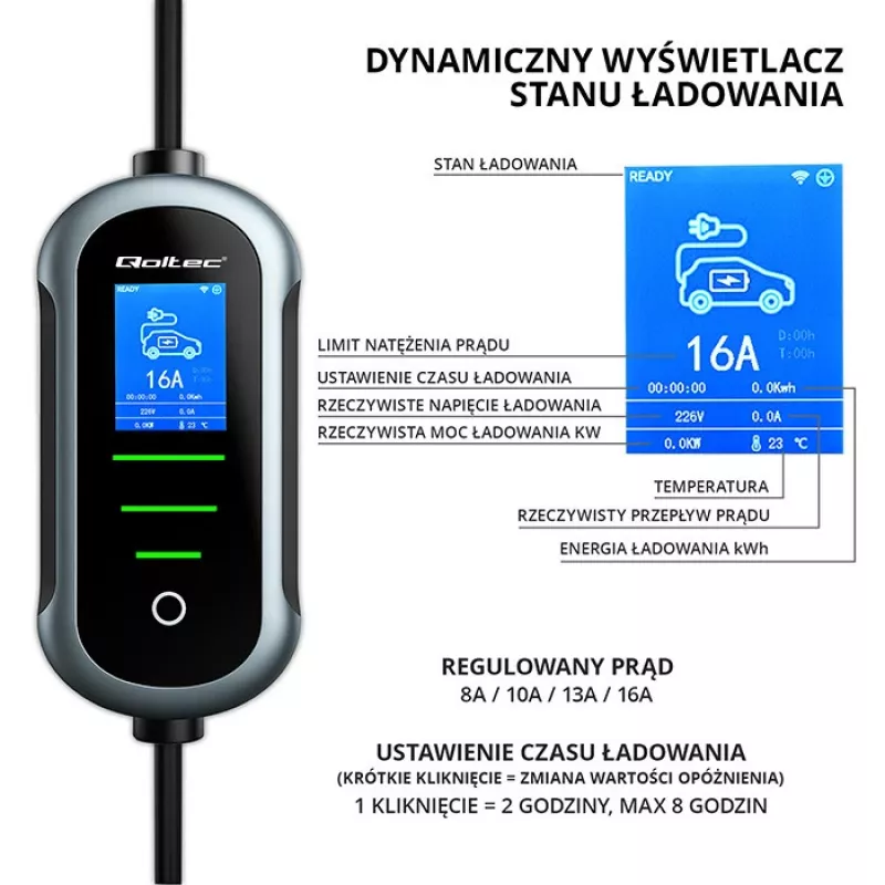 Elektroauto lādētājs QOLTEC Mobile EV 2in1 Type2 11 kW 400 V Wi‑Fi TUYA SMART LIFE LCD portatīvā wallbox 5 m kabelis