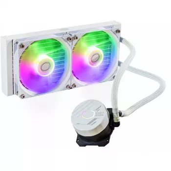 Šķidruma dzesēšanas komplekts Cooler Master MasterLiquid 240L Core ARGB White — 240 mm radiators, 120 mm ventilatori, atbalsta LGA1700/AM5/AM4 un vecākus ligzdas