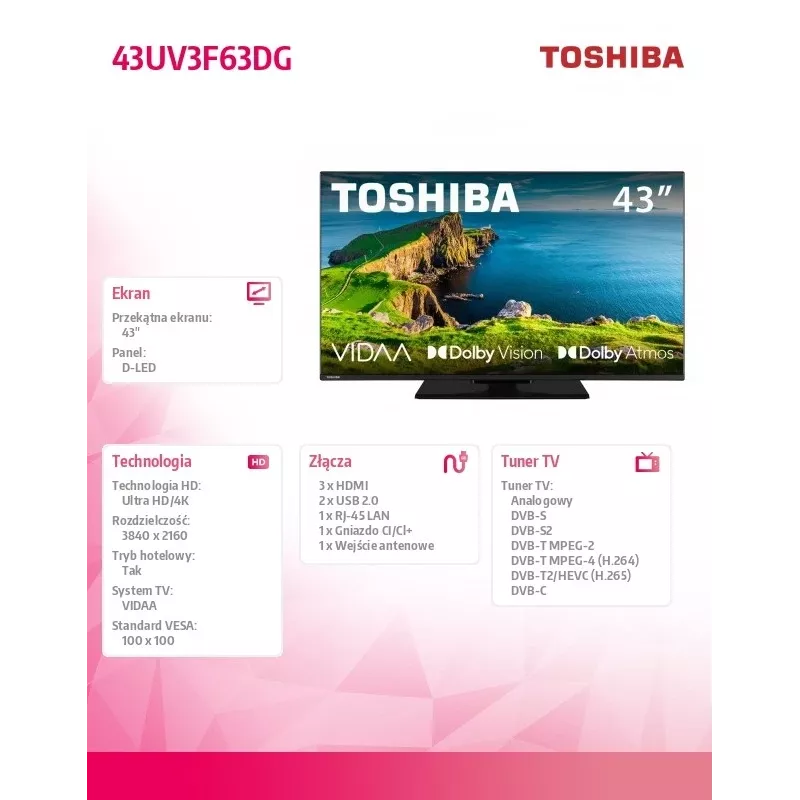 Toshiba 43UV3F63DG 43 collu LED televizors ar 4K izšķirtspēju