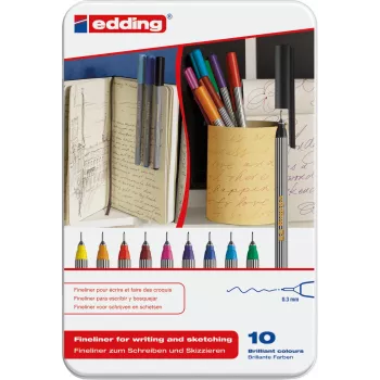 Finelīnijas pildspalvas Edding 55 komplekts 10 gab. — smalki 0,3 mm gali, dažādas krāsas