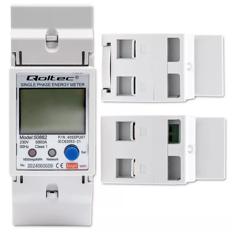 Qoltec 50882 Vienfāzes elektroniskais elektroenerģijas patēriņa skaitītājs DIN sliedei | Wi-Fi | TUYA | 230V | LCD