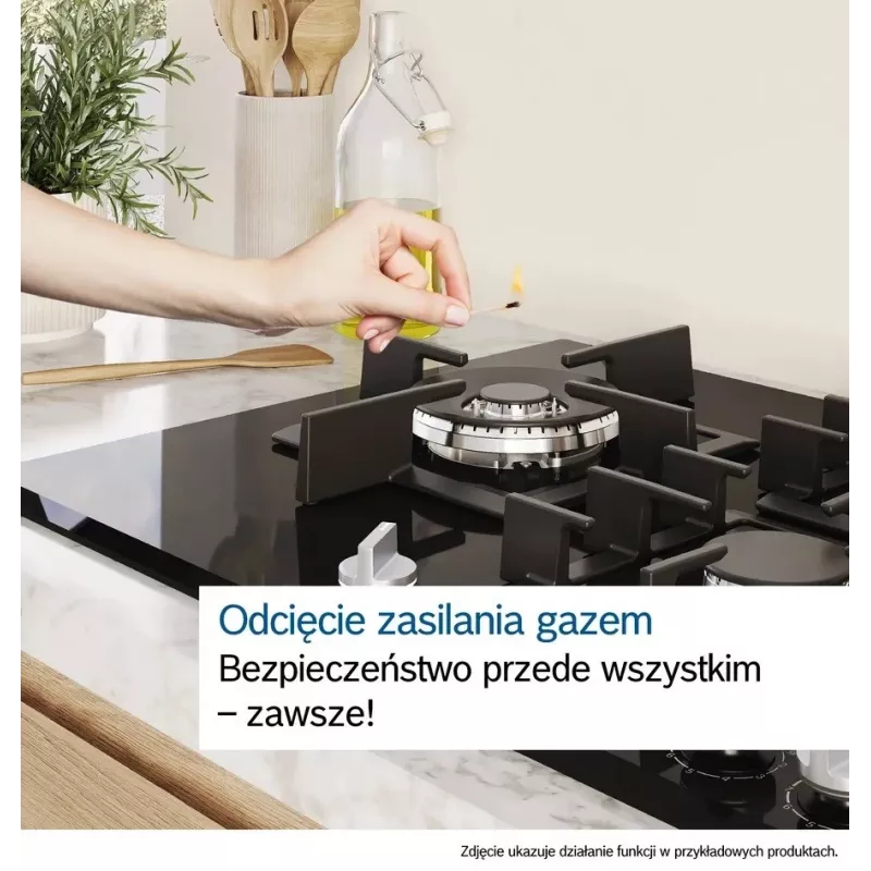 Iebūvējamā gāzes plīts virsma Bosch Serie 2 POP6B6K30 60 cm, 4 gāzes zonas, melns rūdīts stikls, rotācijas vadība