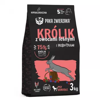 Sausā suņu barība PAKA ZWIERZAKA Trusis ar Meža Ogu S 3 kg — pieaugušiem mazām un vidējām šķirnēm, 29% olbaltumvielas, 16% tauki, bez lipekļa un sojas