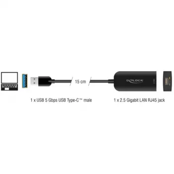 DeLOCK 66045 USB 5 Gbps Type-A uz 2.5 Gigabit LAN RJ45 adapteris, 0,15 m, melns