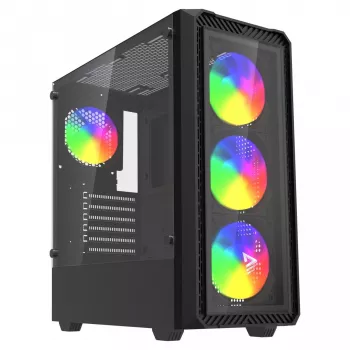 PC korpuss Cube SAVIO Noctis Glass RGB — Melns, ATX/Micro-ATX, 210×410×450 mm, 3×120 mm priekšējie ventilatori