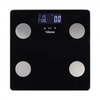 Personīgie svari Tristar WG-2442 — digitālie vannasistabas svari, maks. 150 kg, precizitāte 100 g, ĶMI, melni