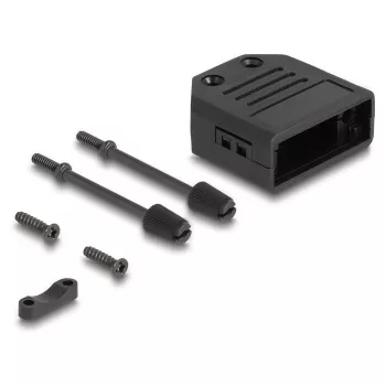 Apvalks DELOCK D-Sub 9-pin vīriešu/sieviešu, plastmasa ar stieples atvieglojumu, 33.3×33.8×14.8 mm, melns