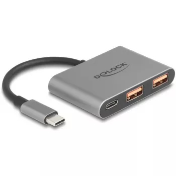 USB centrmezgls DELOCK 64337 — USB 3.2 Gen 2 Type-C, 3 porti (Type-C + 2× Type-A), 10 Gbit/s, pelēks, metāla korpuss